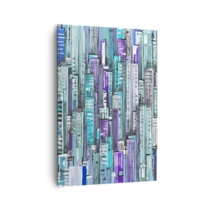 Impression sur toile - Image sur toile - Illustration d'une ville avec des bâtiments géométriques dans des tons de bleu et de violet. - 70x100cm - Bleuâtre avec le ciel - Décoration murale moderne pour le salon et la chambre ARTTOR