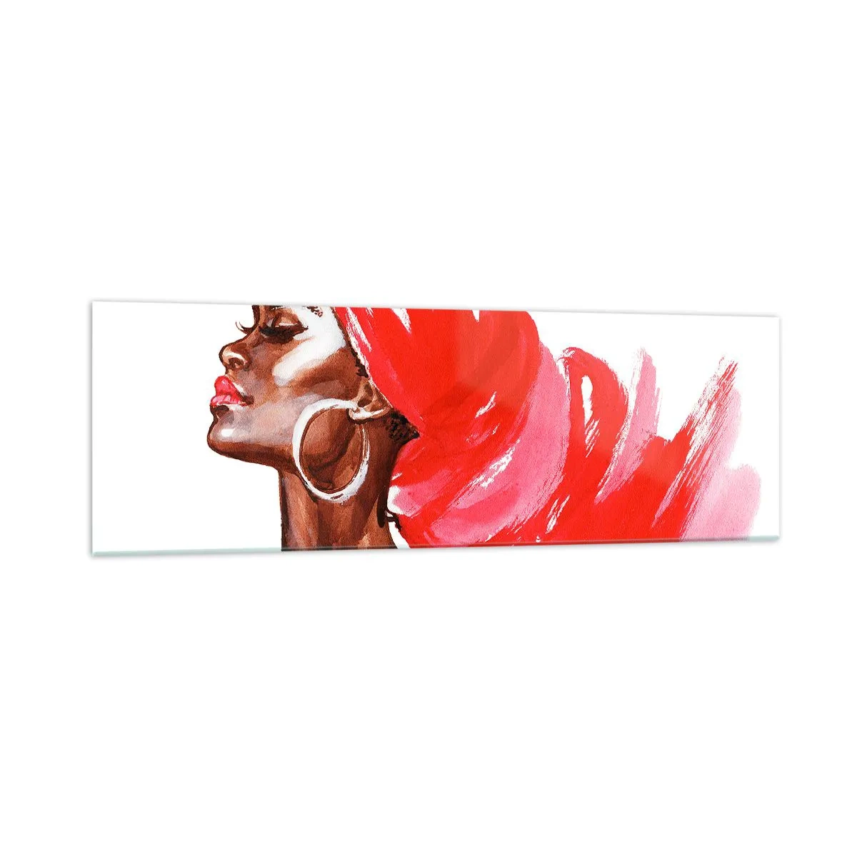 Impression sur verre - Image sur verre - Profil d'une femme avec un turban rouge et des boucles d'oreilles - 160x50cm - "Les cheveux dans le vent" - Décoration murale moderne pour le salon et la chambre ARTTOR