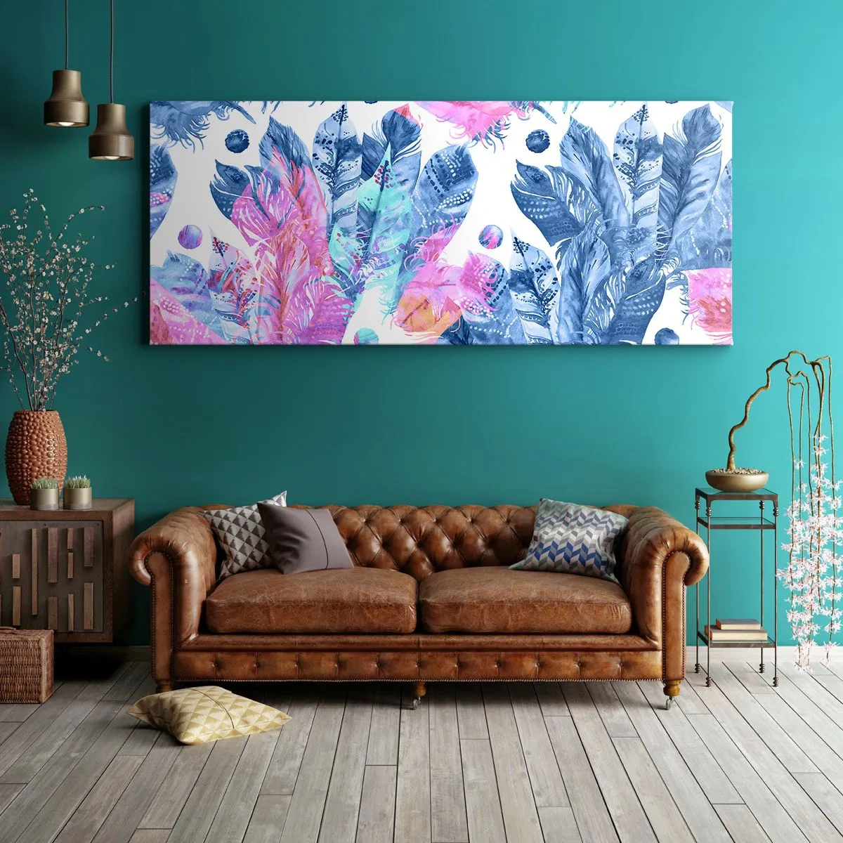 Impression sur toile - Image sur toile - Motif abstrait avec des plumes colorées dans des tons pastel - 160x50cm - Plumes en rose et bleu - Décoration murale moderne pour le salon et la chambre ARTTOR