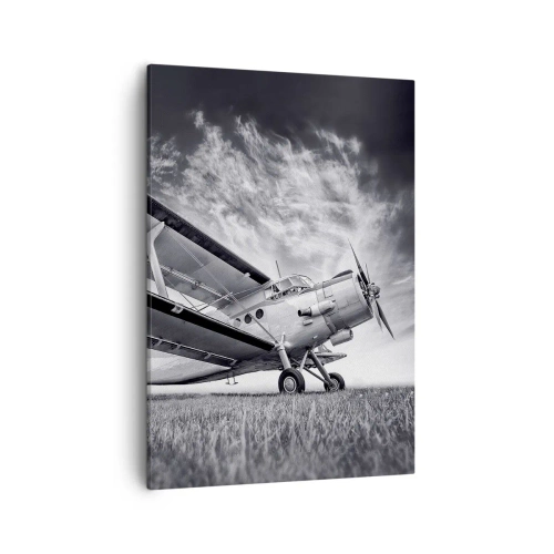 Impression sur toile - Image sur toile - Un avion contre un ciel dramatique en noir et blanc - 50x70cm - Le pèlerin ailé - Décoration murale moderne pour le salon et la chambre ARTTOR