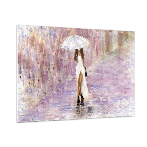 Impression sur verre - Image sur verre - Figure d'une femme avec un parapluie dans une scène de pluie lilas - 100x70cm - Sous la pluie lilas - Décoration murale moderne pour le salon et la chambre ARTTOR