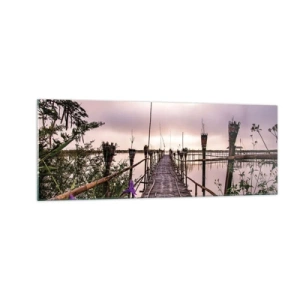 Impression sur verre - Image sur verre - Pont de bambou sur l'eau à l'aube - 140x50cm - Le silence et le calme d'Asie - Décoration murale moderne pour le salon et la chambre ARTTOR