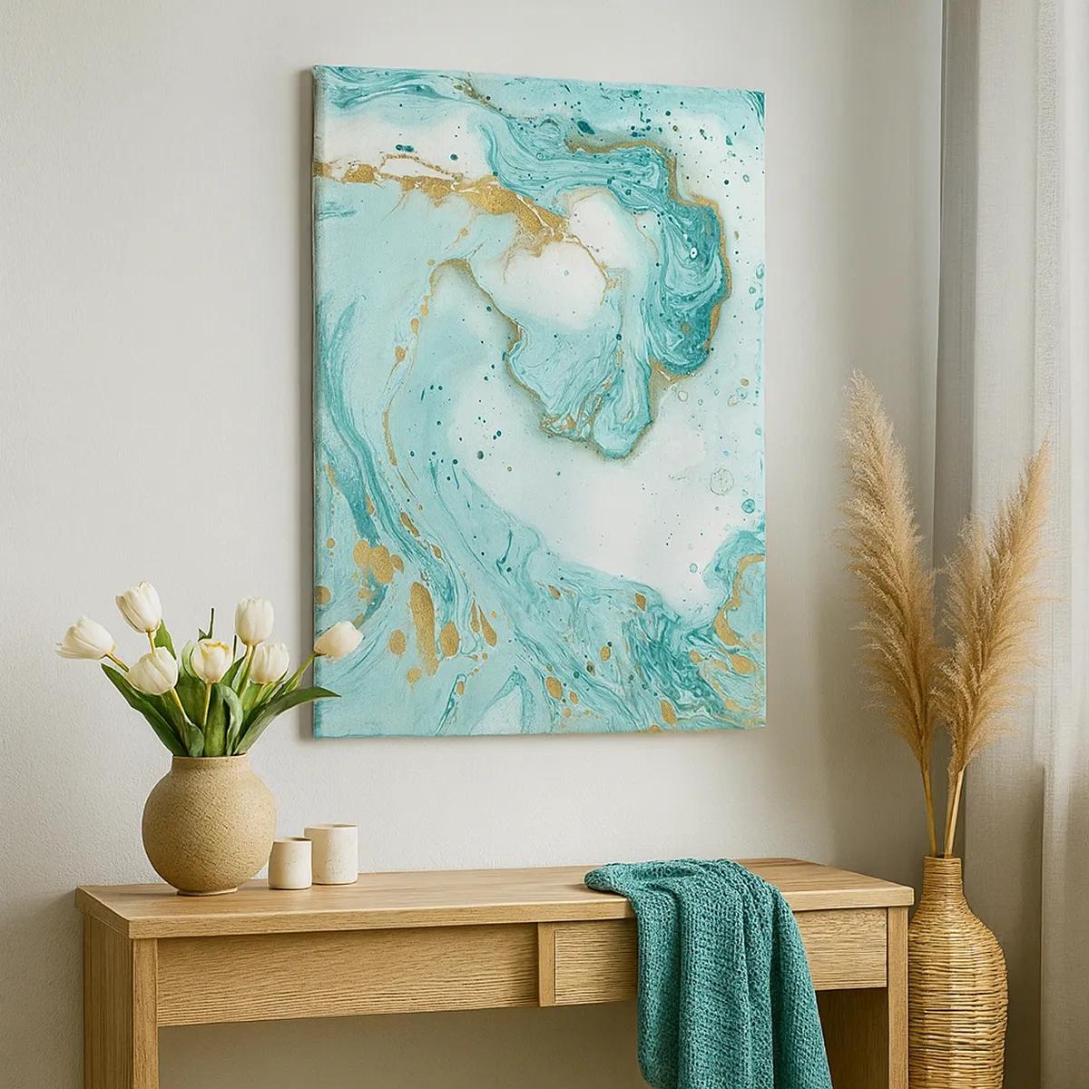 Impression sur toile - Image sur toile - Marbre turquoise avec des accents dorés dans une composition abstraite - 50x70cm - Sous la grande vague de l'ère Edo - Décoration murale moderne pour le salon et la chambre ARTTOR