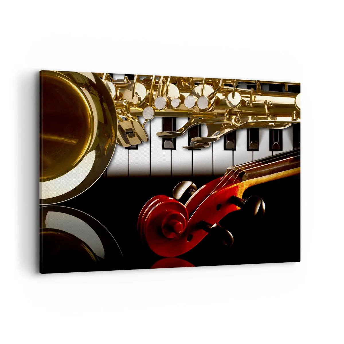 Impression sur toile - Image sur toile - Un saxophone doré, des touches de piano et un violon rouge - 100x70cm - Tôle, bois et ivoire - Décoration murale moderne pour le salon et la chambre ARTTOR