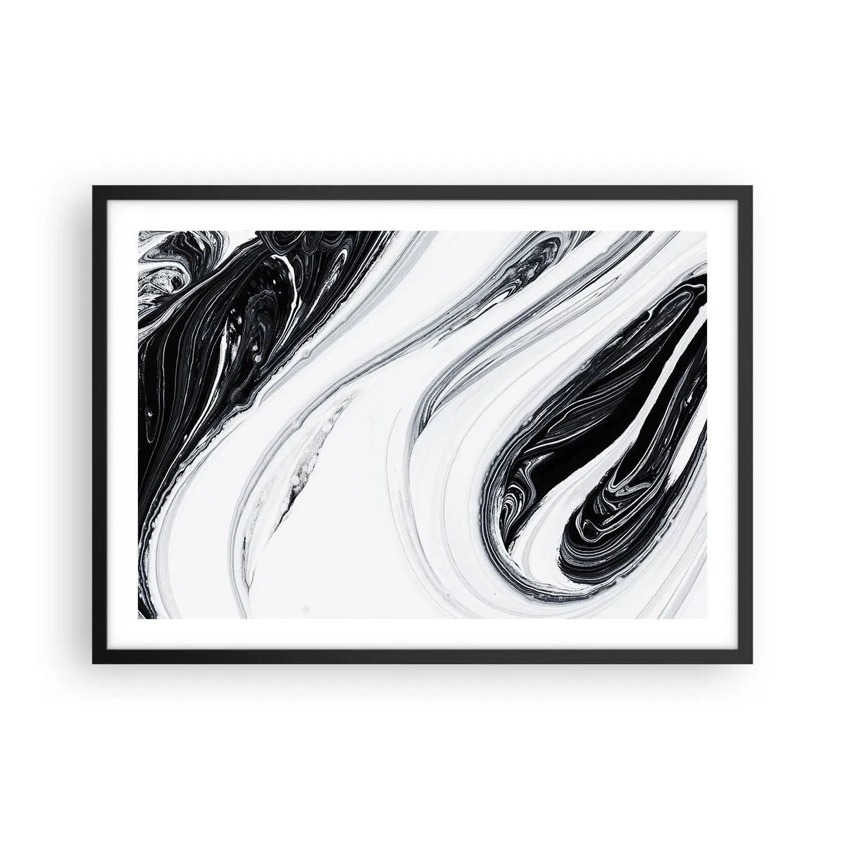 Affiche dans un cadre noir - Poster - Abstraction en noir et blanc avec des lignes et des tourbillons dynamiques - 70x50cm - Une combinaison d'opposés - Décoration murale moderne pour le salon et la chambre ARTTOR