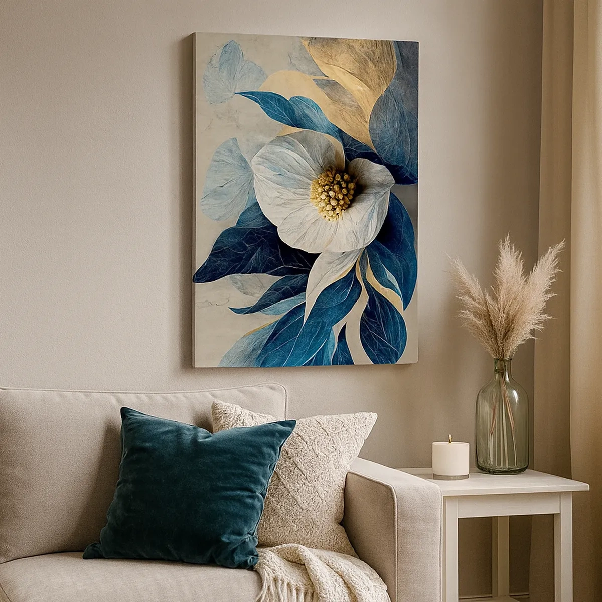Impression sur toile - Image sur toile - Une fleur aux feuilles bleues sur un fond élégant - 50x70cm - Il a un coeur d'or - Décoration murale moderne pour le salon et la chambre ARTTOR
