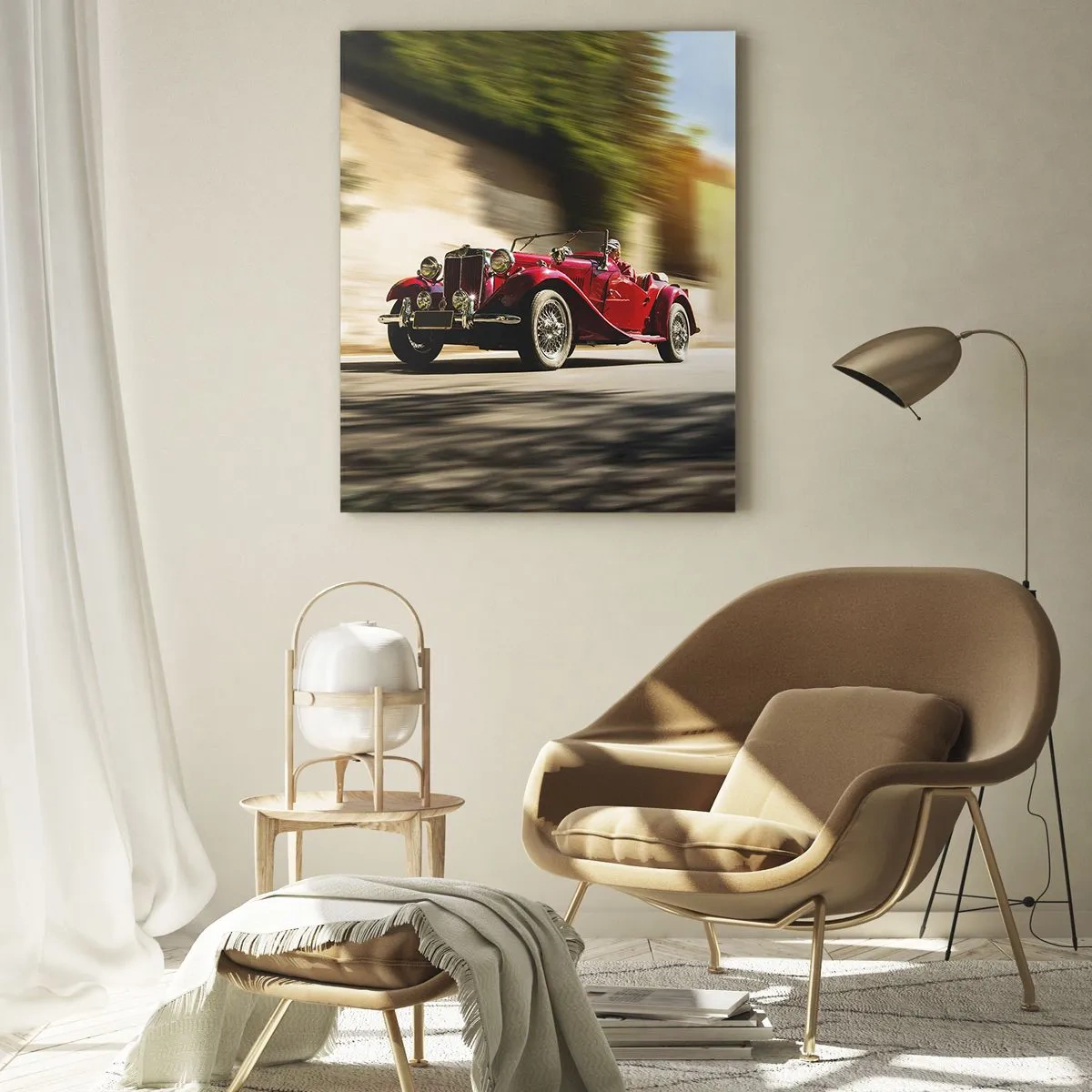 Impression sur verre - Image sur verre - Voiture classique rouge en mouvement dans une rue ensoleillée - 80x120cm - Plus belle que Nike de Samothrace - Décoration murale moderne pour le salon et la chambre ARTTOR