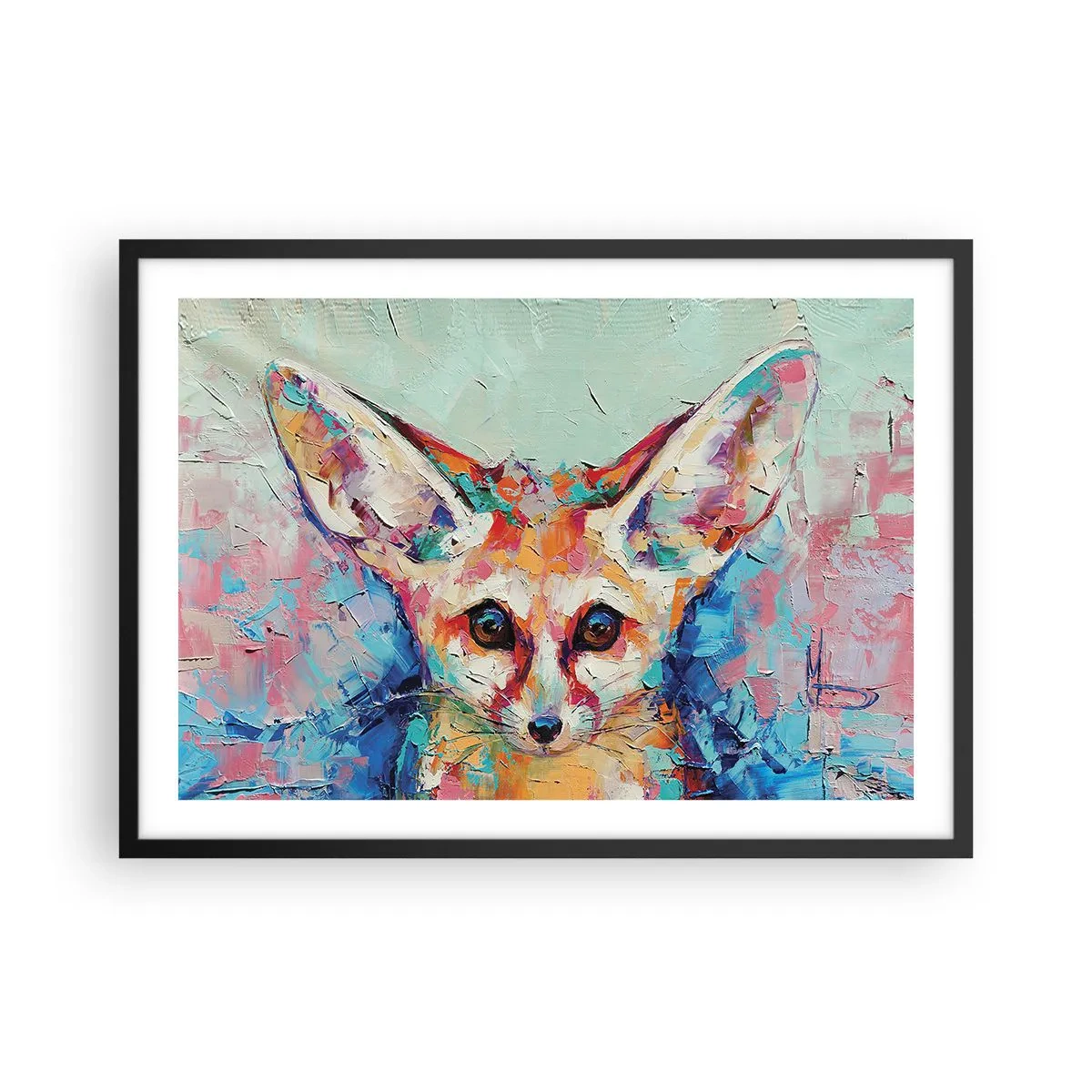 Affiche dans un cadre noir - Poster - Un portrait coloré d'un renard fennec dans le style d'une peinture expressive. - 70x50cm - Etes-vous prêts pour moi? - Décoration murale moderne pour le salon et la chambre ARTTOR