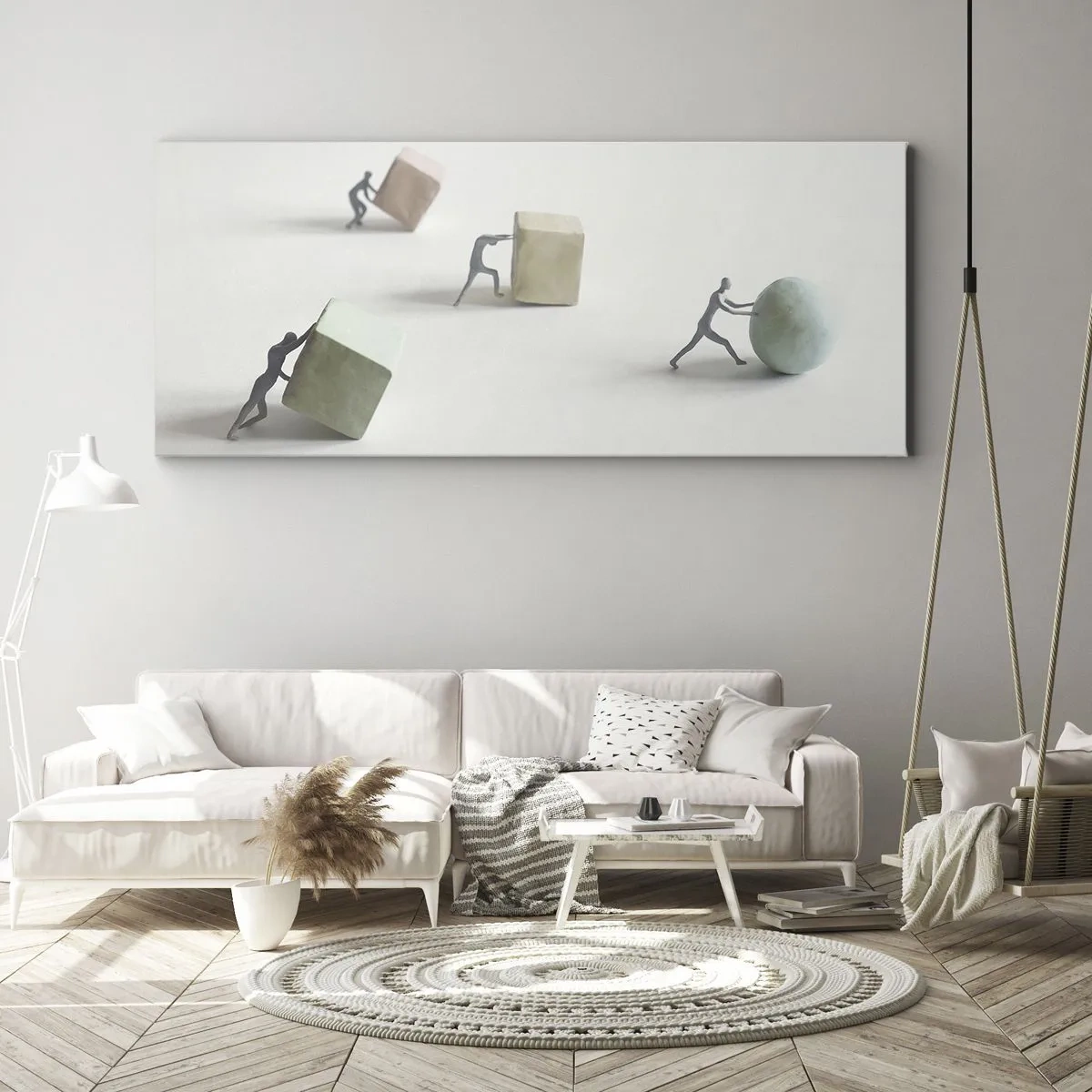 Impression sur toile - Image sur toile - Figurines miniatures poussant des formes sur un fond clair - 160x50cm - Rien que la vie - Décoration murale moderne pour le salon et la chambre ARTTOR