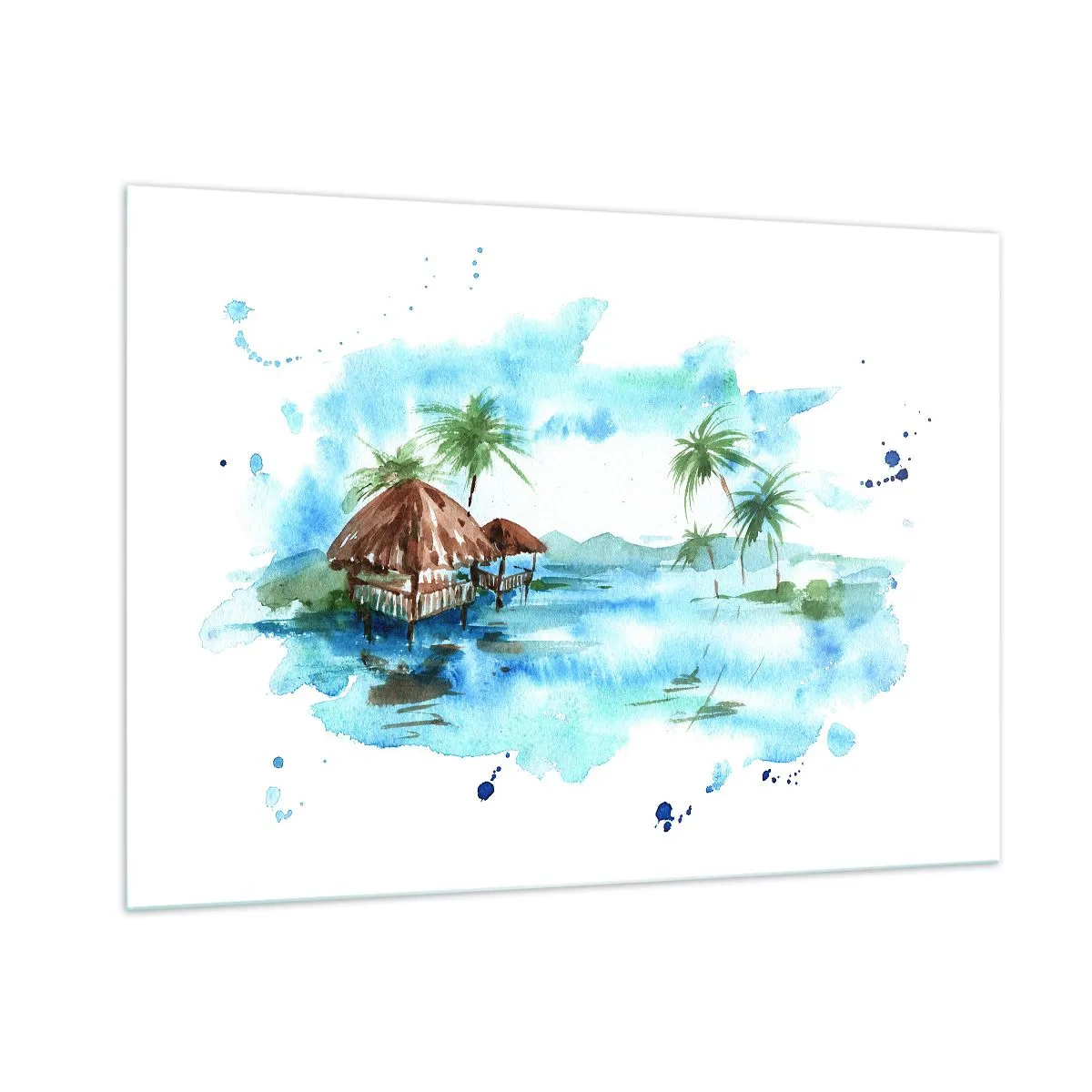 Impression sur verre - Image sur verre - Paysage tropical avec des palmiers et un chalet de style aquarelle - 100x70cm - Quelque part dans le Pacifique - Décoration murale moderne pour le salon et la chambre ARTTOR