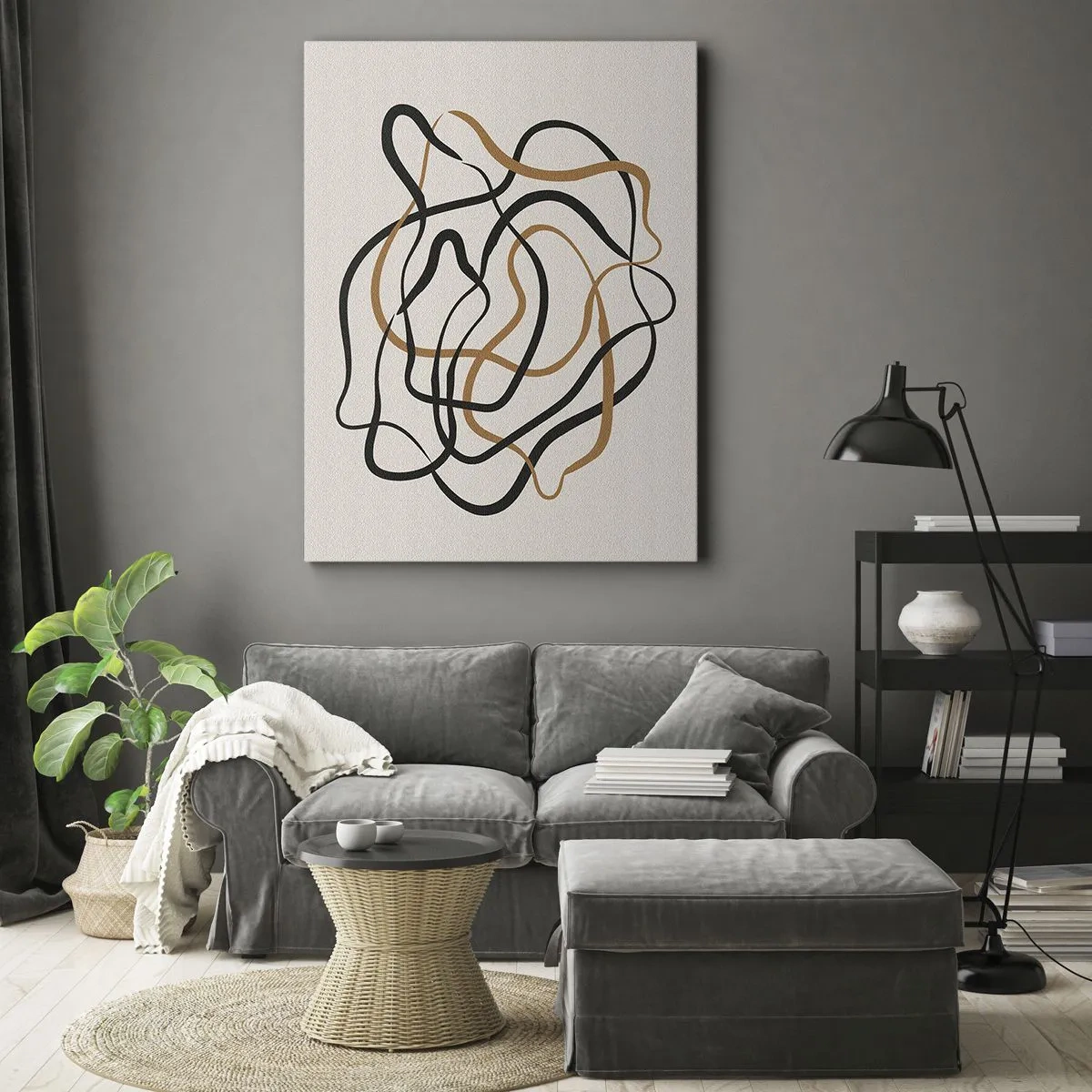 Impression sur toile - Image sur toile - Lignes emmêlées en noir et or sur fond clair - 80x120cm - Tout s'est mal déroulé - Décoration murale moderne pour le salon et la chambre ARTTOR