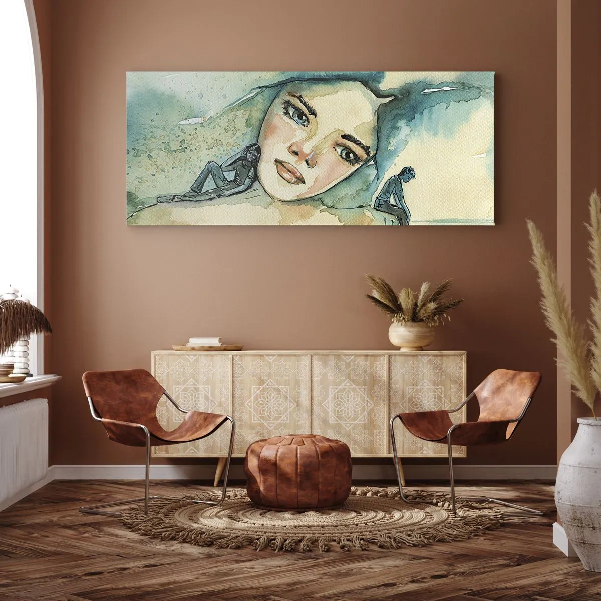 Impression sur toile - Image sur toile - Aquarelle d'un visage de femme avec un motif réfléchissant - 120x50cm - Suis-je bleu? - Décoration murale moderne pour le salon et la chambre ARTTOR