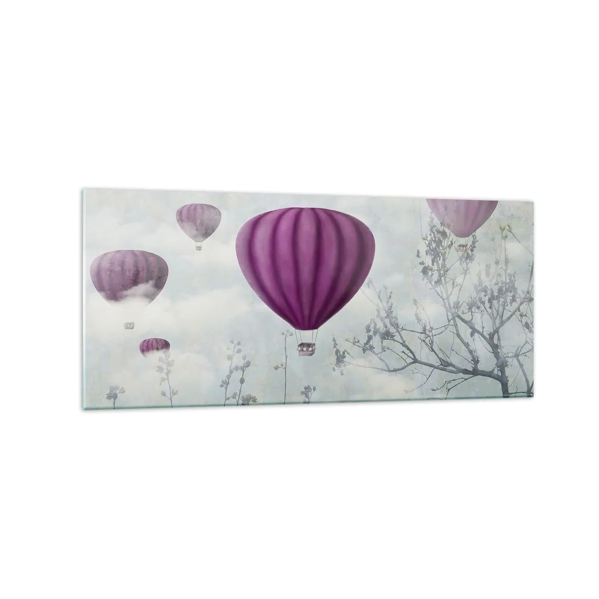 Impression sur verre - Image sur verre - Des ballons violets flottant au-dessus des arbres dans les nuages - 120x50cm - Comme des navires dans le ciel - Décoration murale moderne pour le salon et la chambre ARTTOR