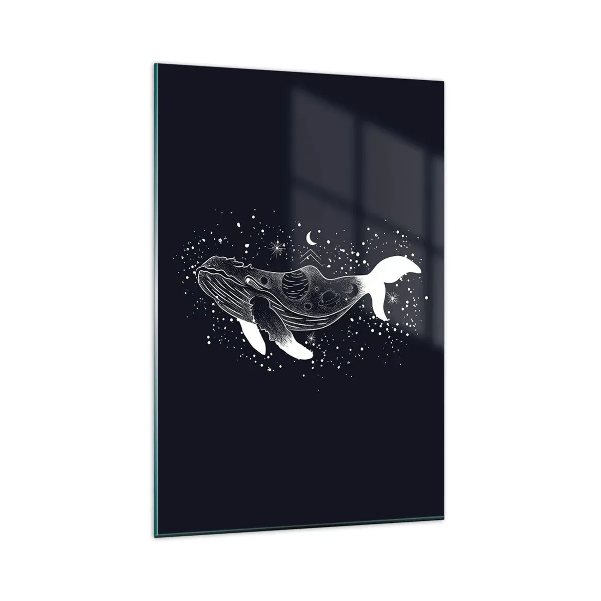 Impression sur verre - Image sur verre - Une illustration graphique d'une baleine dans un style de l'ère spatiale. - 80x120cm - Dans l'océan de l'univers - Décoration murale moderne pour le salon et la chambre ARTTOR