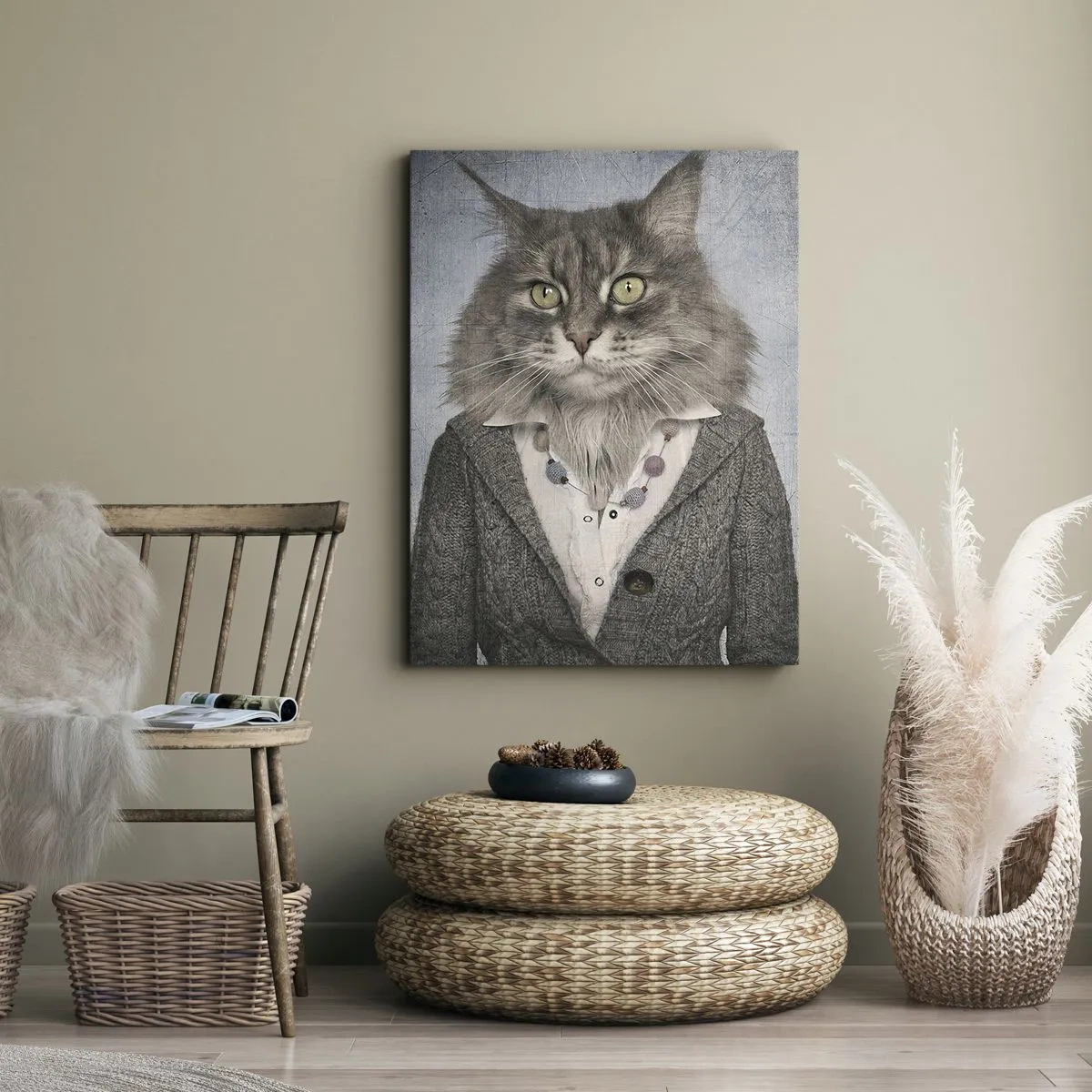 Impression sur toile - Image sur toile - Un triptyque avec des figures animales en vêtements élégants sur un fond stylisé - 80x120cm - La fourrure revient à la mode - Décoration murale moderne pour le salon et la chambre ARTTOR