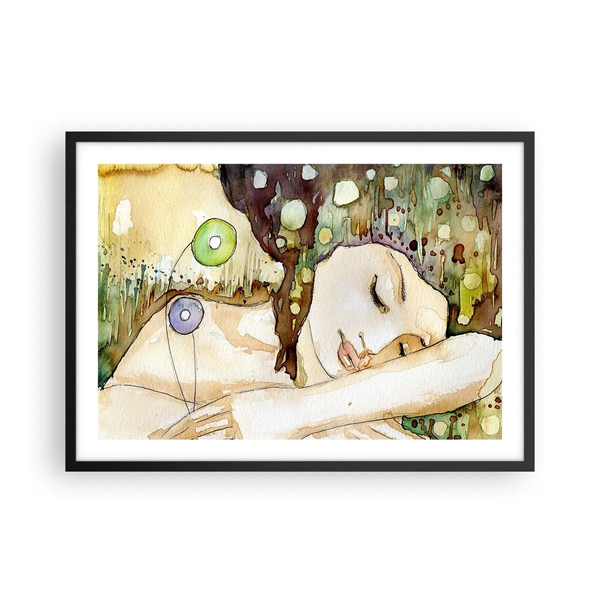 Affiche dans un cadre noir - Poster - Une femme rêvant entourée de formes et de couleurs abstraites. - 70x50cm - Un rêve violet émeraude - Décoration murale moderne pour le salon et la chambre ARTTOR