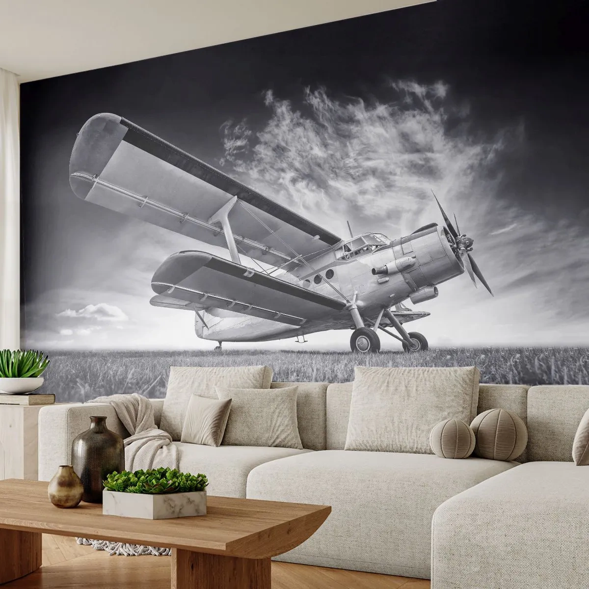 Papier Peint Photo Premium Sand - Un biplan historique dans un ciel dramatique - 100x70cm - Le pèlerin ailé - Décoration murale moderne pour le salon et la chambre ARTTOR