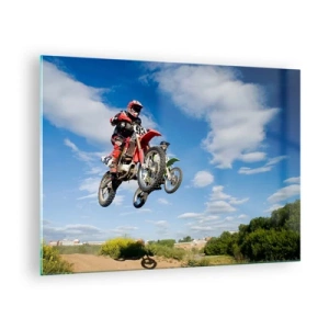 Impression sur verre - Image sur verre - Un pilote de moto en vol contre un ciel bleu - 70x50cm - Saut en parachute - Décoration murale moderne pour le salon et la chambre ARTTOR