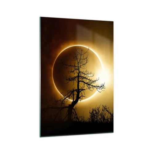 Impression sur verre - Image sur verre - Éclipse solaire avec une silhouette d'arbre au premier plan - 70x100cm - Éclipse totale - Décoration murale moderne pour le salon et la chambre ARTTOR