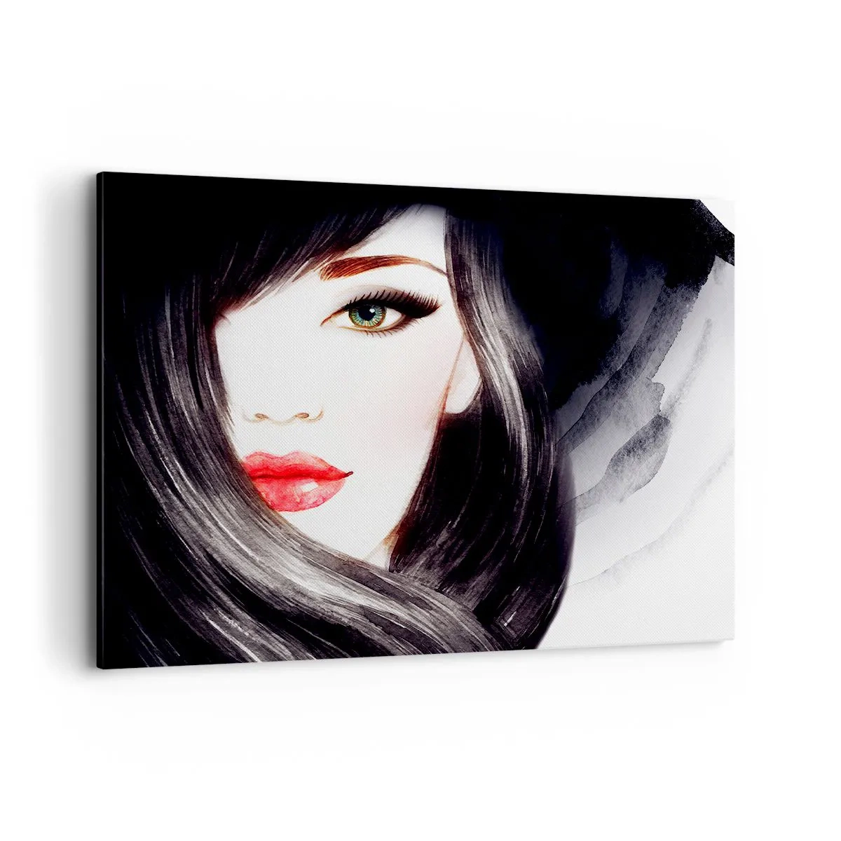 Impression sur toile - Image sur toile - Portrait d'une femme au regard expressif et aux lèvres rouges - 120x80cm - Aspect saphir - Décoration murale moderne pour le salon et la chambre ARTTOR