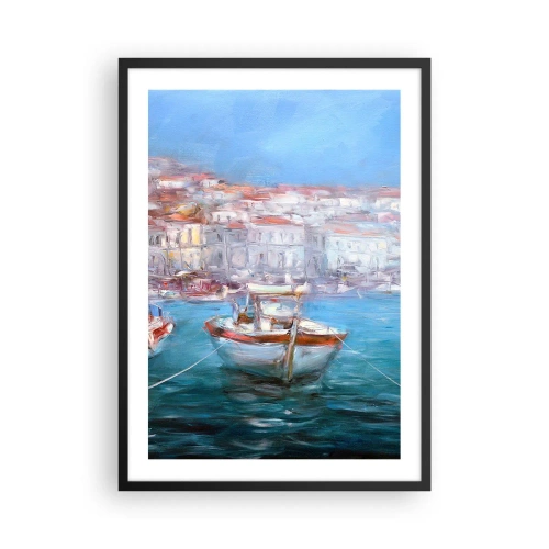 Affiche dans un cadre noir - Poster - Un bateau dans le port, avec vue sur la ville - 50x70cm - Baie italienne - Décoration murale moderne pour le salon et la chambre ARTTOR