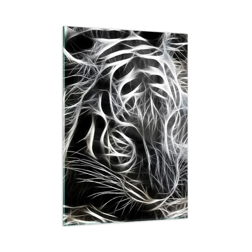Impression sur verre - Image sur verre - Tigre abstrait en lignes lumineuses sur fond noir - 50x70cm - Une étude de la légèreté du chat - Décoration murale moderne pour le salon et la chambre ARTTOR