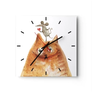 Horloge murale - Pendule murale - Un dessin d'un chat avec une souris sur la tête tenant un cœur - 30x30cm - Amour paradoxal - Décoration murale moderne pour le salon et la chambre ARTTOR