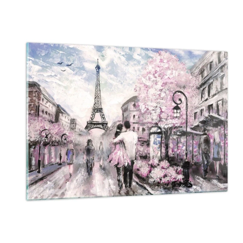 Impression sur verre - Image sur verre - Couple romantique à Paris avec la Tour Eiffel en arrière-plan - 120x80cm - Comment tomber amoureu, il faut juste... - Décoration murale moderne pour le salon et la chambre ARTTOR