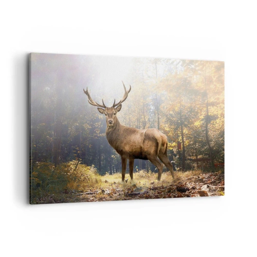 Impression sur toile - Image sur toile - Cerf dans la forêt d'automne avec les rayons du soleil - 120x80cm - Toute sa majesté - Décoration murale moderne pour le salon et la chambre ARTTOR