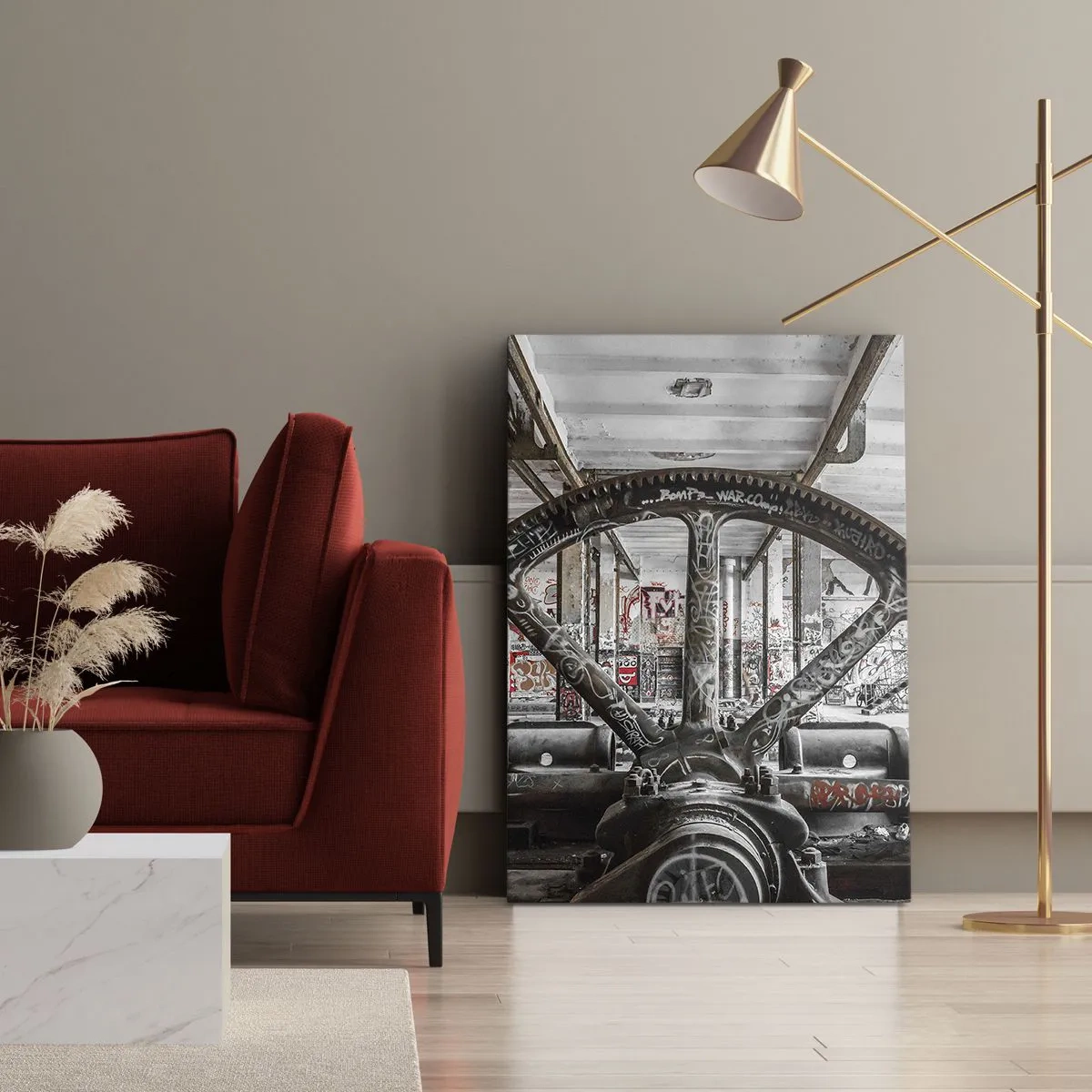 Impression sur toile - Image sur toile - Un vieux mécanisme dans un intérieur industriel abandonné - 70x100cm - Vie secrète d'une usine - Décoration murale moderne pour le salon et la chambre ARTTOR