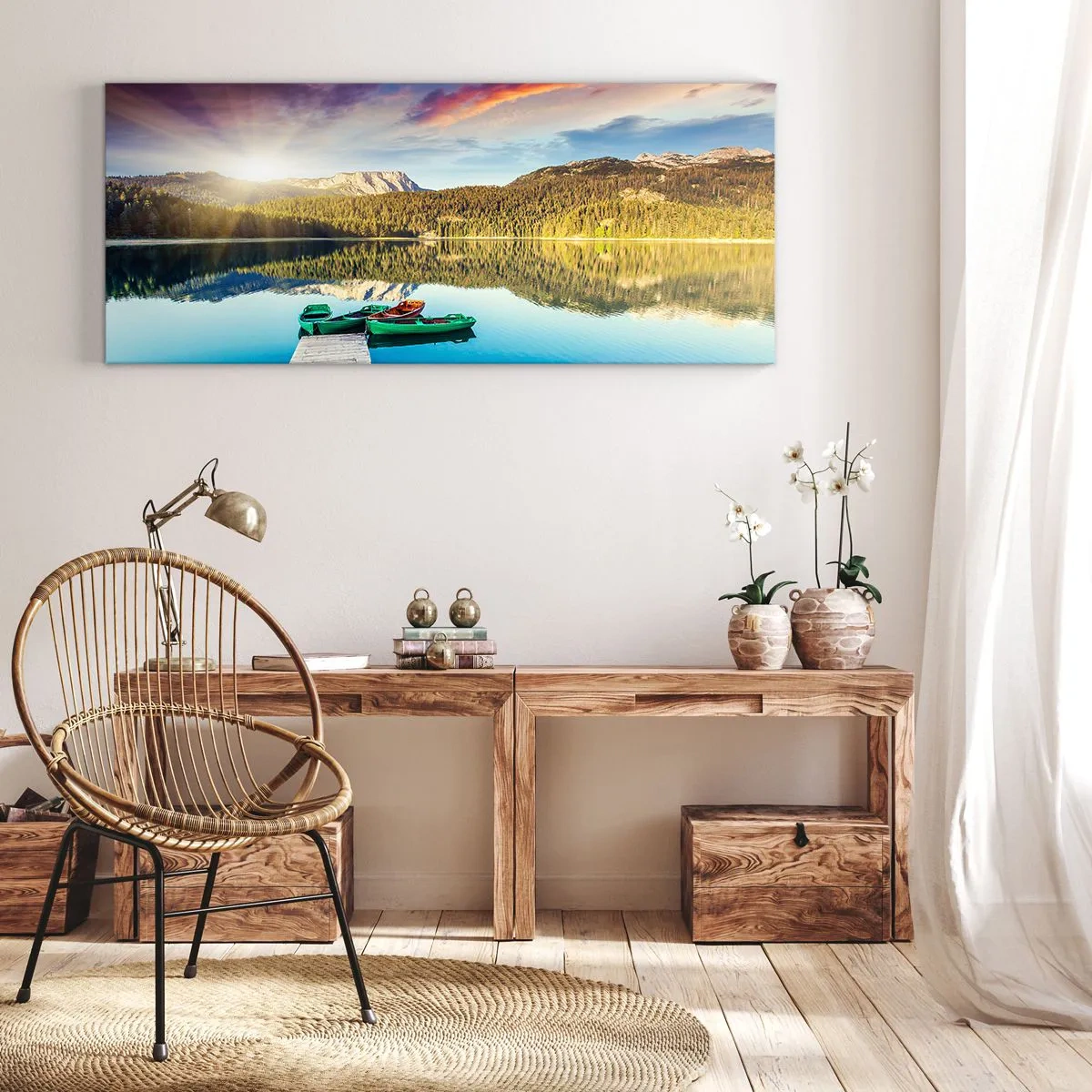 Impression sur toile - Image sur toile - Coucher de soleil sur le lac avec des bateaux à l'embarcadère - 120x50cm - Aussi lisse qu'un miroir au-dessus de l'eau - Décoration murale moderne pour le salon et la chambre ARTTOR