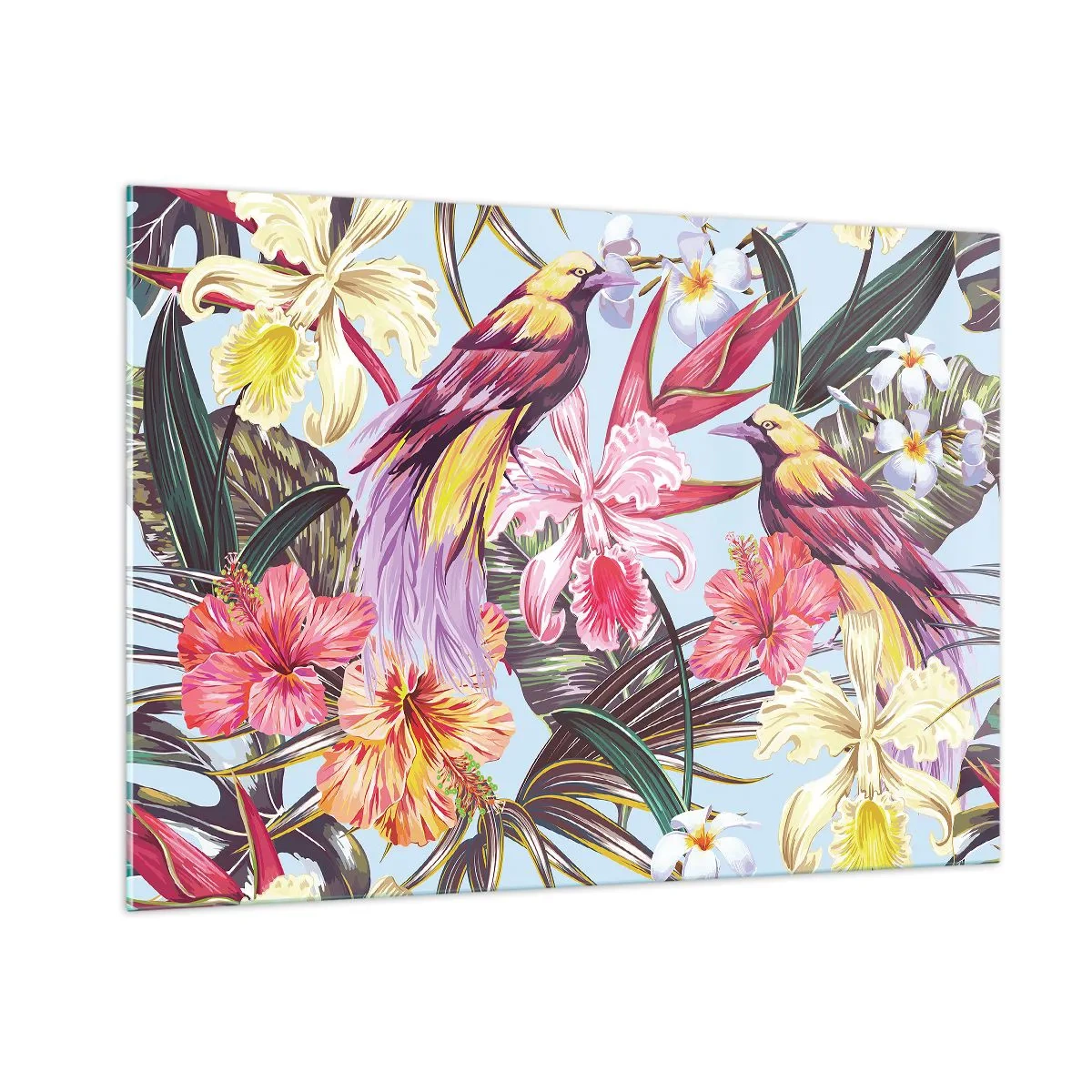 Impression sur verre - Image sur verre - Oiseaux et fleurs exotiques sur fond clair - 100x70cm - Pétales et plumes - Décoration murale moderne pour le salon et la chambre ARTTOR