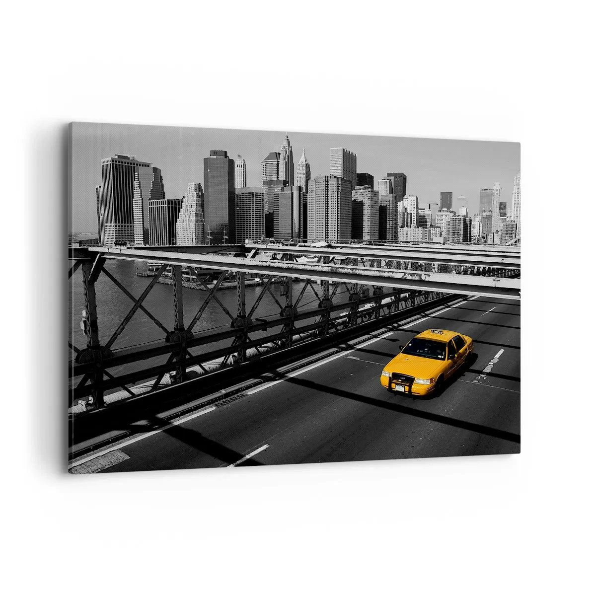 Impression sur toile - Image sur toile - Taxi jaune sur un pont avec vue sur les toits de New York - 100x70cm - Couleur de la grande ville - Décoration murale moderne pour le salon et la chambre ARTTOR