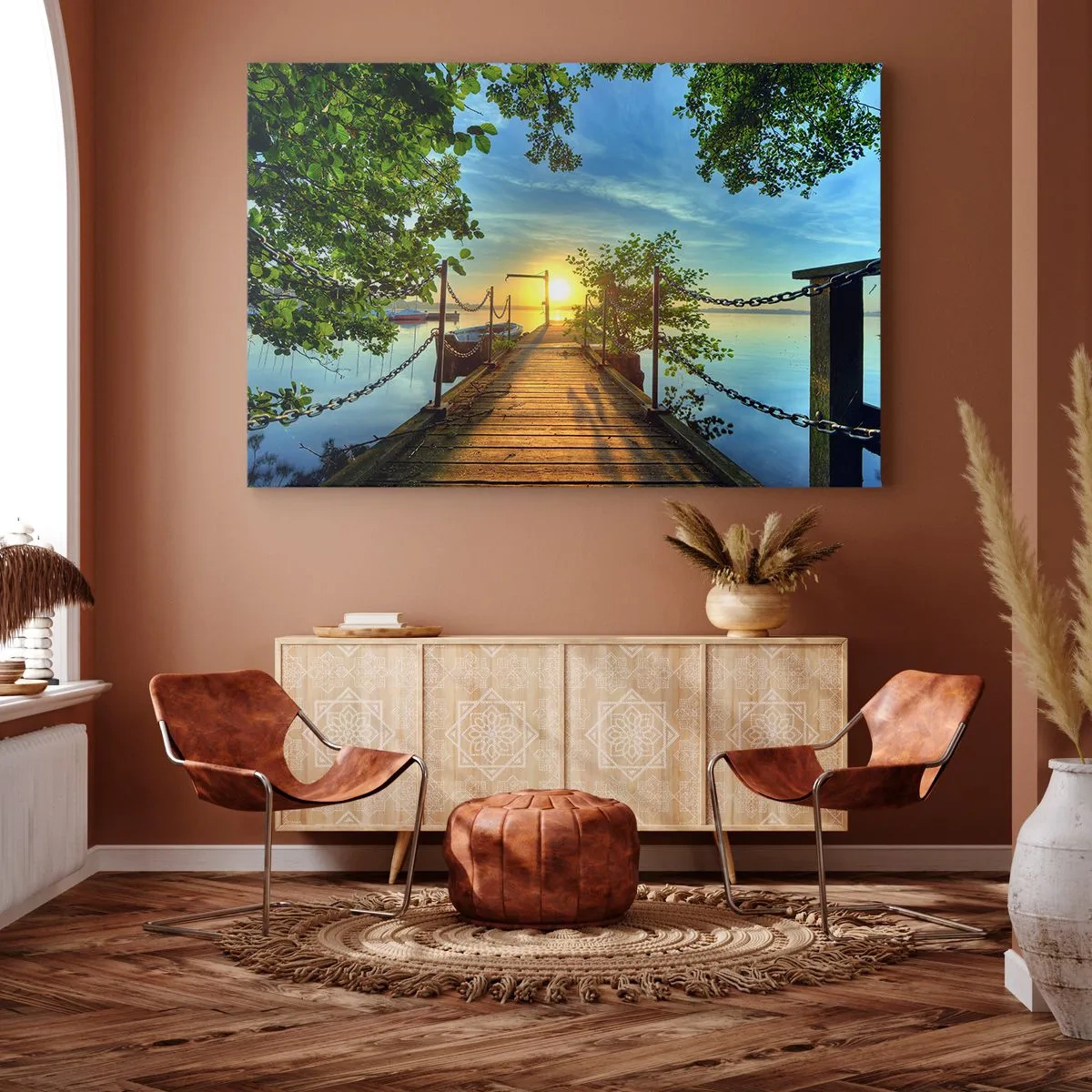 Impression sur toile - Image sur toile - Une jetée sur le lac dans les rayons du soleil couchant - 70x50cm - L'ouest au-dessus de l'eau - Décoration murale moderne pour le salon et la chambre ARTTOR