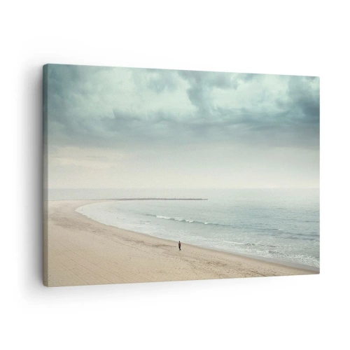 Impression sur toile - Image sur toile - Une silhouette solitaire sur une plage déserte au bord d'une mer calme - 70x50cm - à la recherche de la paix - Décoration murale moderne pour le salon et la chambre ARTTOR
