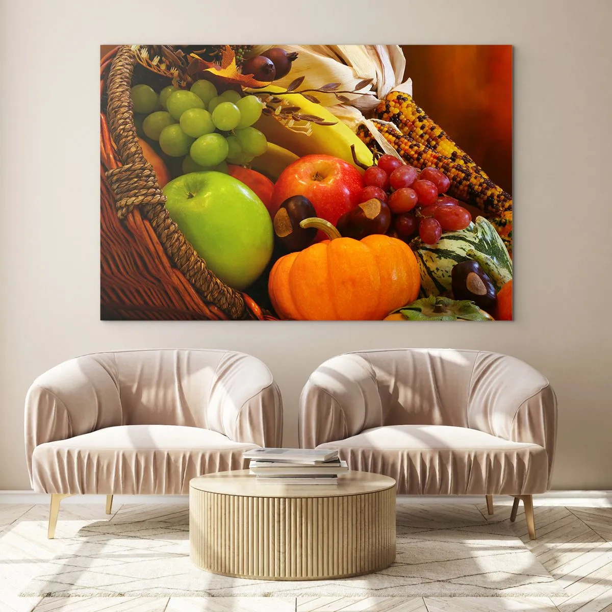 Impression sur verre - Image sur verre - Un panier rempli de fruits et légumes dans un arrangement d'automne - 70x50cm - Panier de récolte - Décoration murale moderne pour le salon et la chambre ARTTOR