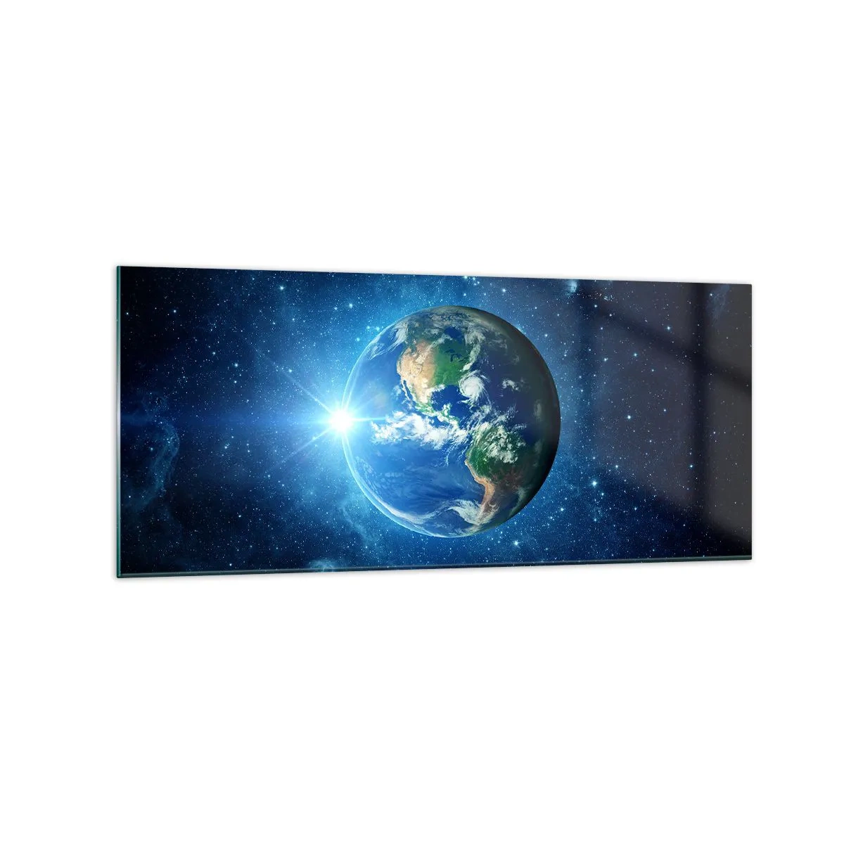 Impression sur verre - Image sur verre - La Terre dans l'espace entourée d'étoiles et de lumière - 120x50cm - Nous sommes au paradis - Décoration murale moderne pour le salon et la chambre ARTTOR
