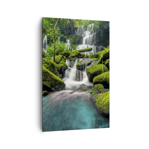 Impression sur toile - Image sur toile - Une cascade tropicale entourée de verdure et d'eau turquoise - 80x120cm - Turquoise, saphirs et argent liquide - Décoration murale moderne pour le salon et la chambre ARTTOR