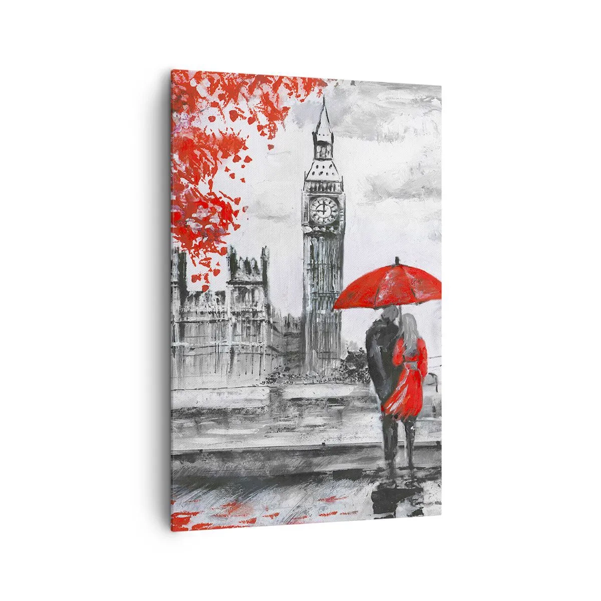 Impression sur toile - Image sur toile - Scène romantique avec Big Ben et un parapluie rouge - 80x120cm - Amoureux de Londres - Décoration murale moderne pour le salon et la chambre ARTTOR