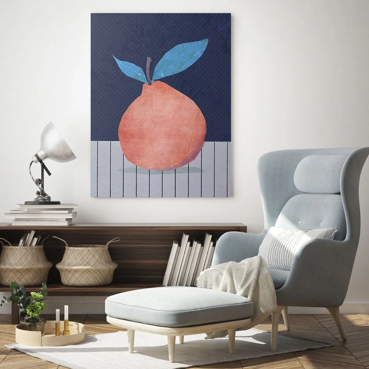 Impression sur verre - Image sur verre - Un fruit avec une forme abstraite sur fond de composition géométrique - 50x70cm - Convexité et plan - Décoration murale moderne pour le salon et la chambre ARTTOR