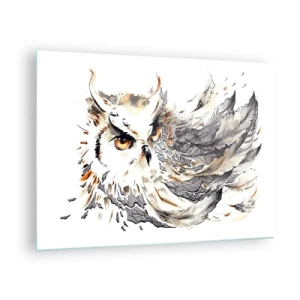Impression sur verre - Image sur verre - Un hibou aux plumes artistiques dans les tons orange et gris. - 70x50cm - Elle vient du monde de la magie - Décoration murale moderne pour le salon et la chambre ARTTOR