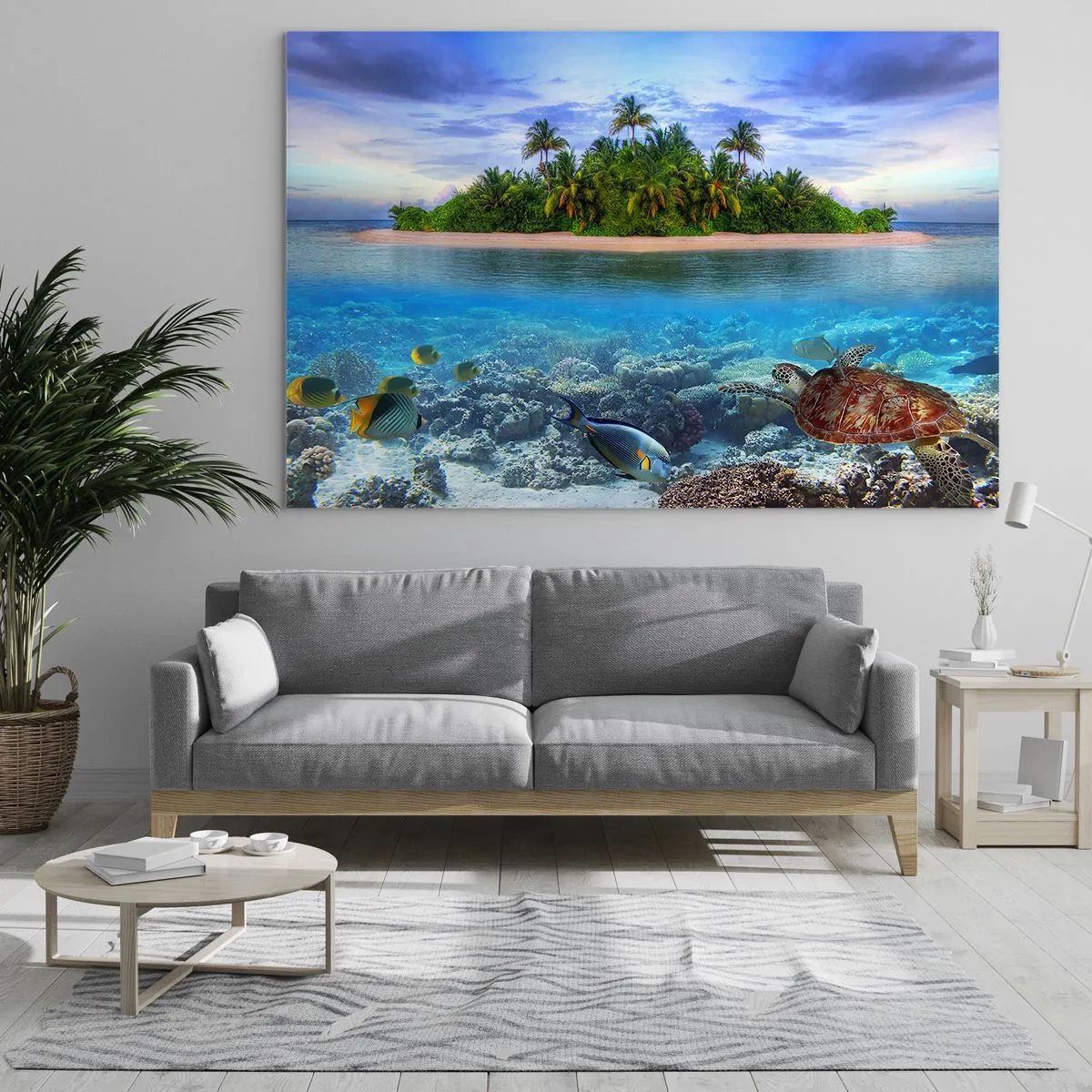 Impression sur verre - Image sur verre - Une île tropicale avec un récif corallien et une vie marine - 70x50cm - L'île céleste vous invite - Décoration murale moderne pour le salon et la chambre ARTTOR