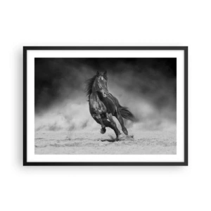 Affiche dans un cadre noir - Poster - Un cheval noir et blanc galopant sur le sable - 70x50cm - Digne de l'émir lui-même - Décoration murale moderne pour le salon et la chambre ARTTOR