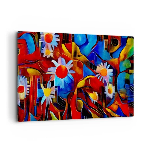 Impression sur toile - Image sur toile - Fleurs abstraites sur fond de motifs géométriques - 120x80cm - Les couleurs de la vie - Décoration murale moderne pour le salon et la chambre ARTTOR