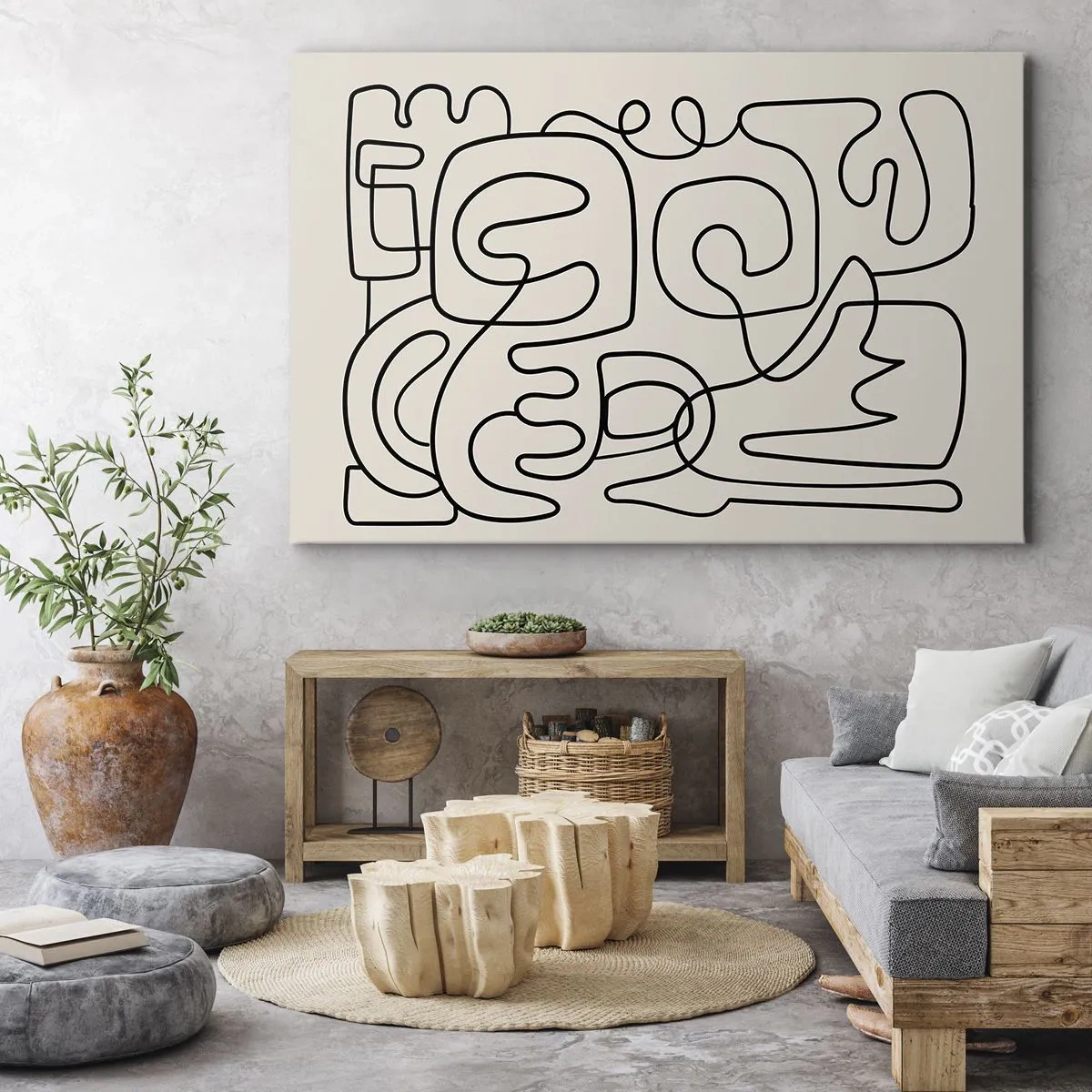 Impression sur toile - Image sur toile - Motif d'art linéaire abstrait en noir sur fond clair - 70x50cm - Suivez les indices - Décoration murale moderne pour le salon et la chambre ARTTOR