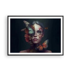 Affiche dans un cadre noir - Poster - Portrait d'une femme avec des papillons et des éléments végétaux - 100x70cm - Une merveilleuse métamorphose - Décoration murale moderne pour le salon et la chambre ARTTOR