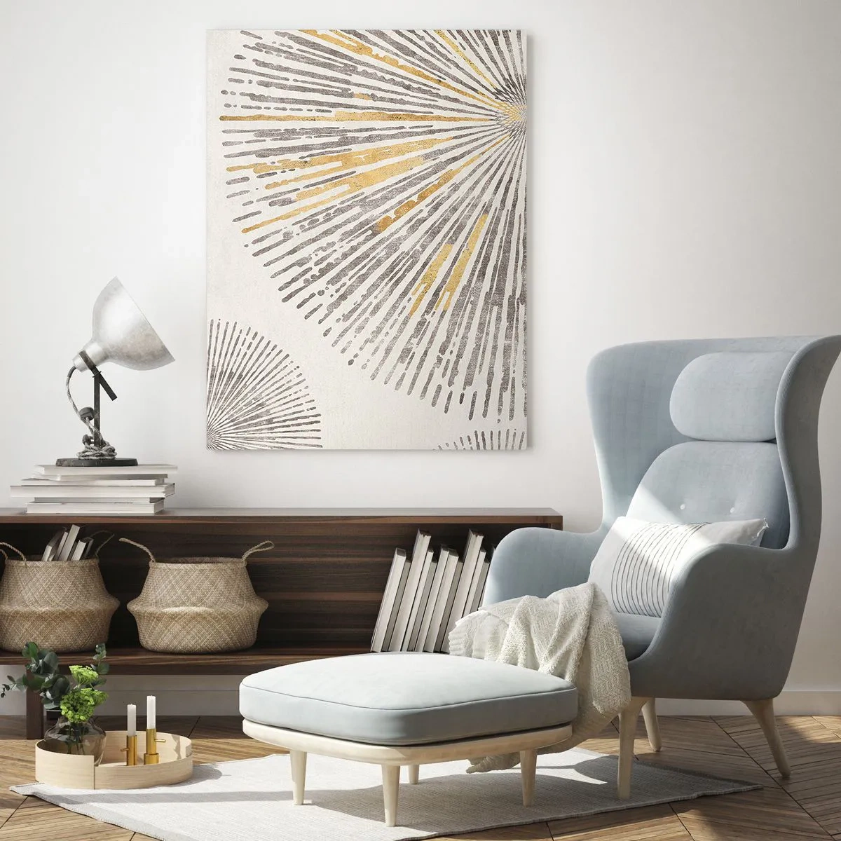 Impression sur verre - Image sur verre - Lignes radiales dans des tons dorés et gris sur fond clair - 50x70cm - La beauté du rayon - Décoration murale moderne pour le salon et la chambre ARTTOR