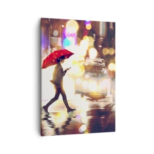 Impression sur toile - Image sur toile - Une silhouette avec un parapluie rouge dans la rue sous la pluie - 50x70cm - Et pourtant ensoleillé - Décoration murale moderne pour le salon et la chambre ARTTOR