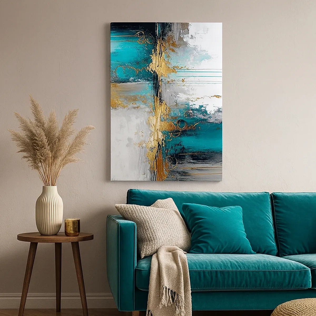 Impression sur toile - Image sur toile - Une composition abstraite aux accents turquoise et dorés. - 50x70cm - Tout coule - Décoration murale moderne pour le salon et la chambre ARTTOR