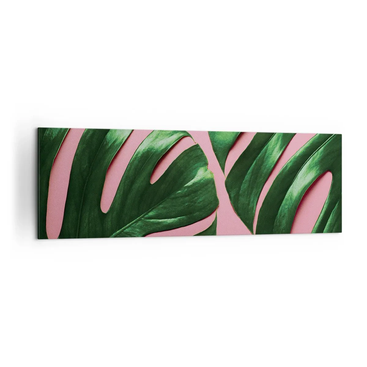 Impression sur toile - Image sur toile - Feuilles de monstera vertes sur fond rose - 160x50cm - Rendez-vous vert - Décoration murale moderne pour le salon et la chambre ARTTOR